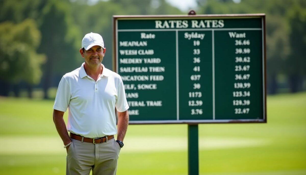 A golfer stands in front of rates board at Siam Country Club Pattaya Old Course.