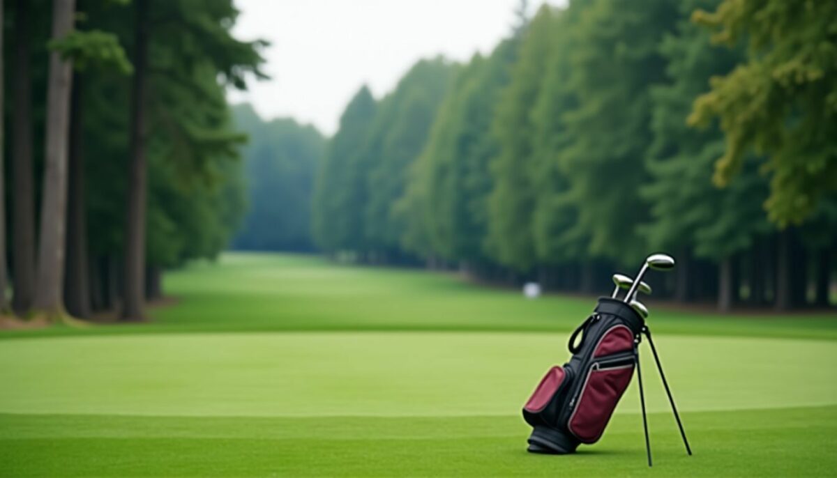 A golf bag on a green fairway in a peaceful environment. A golf bag on a green fairway in a peaceful environment.