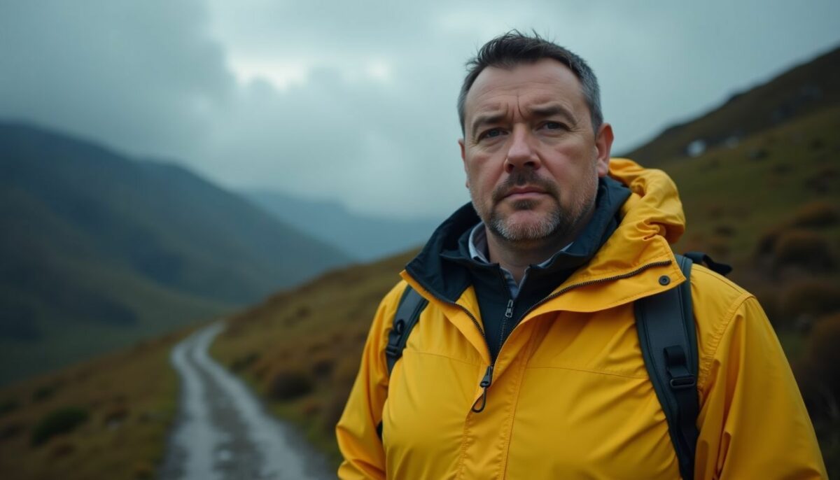 A man in a yellow rain jacket standing on a hiking trail. A man in a yellow rain jacket standing on a hiking trail.