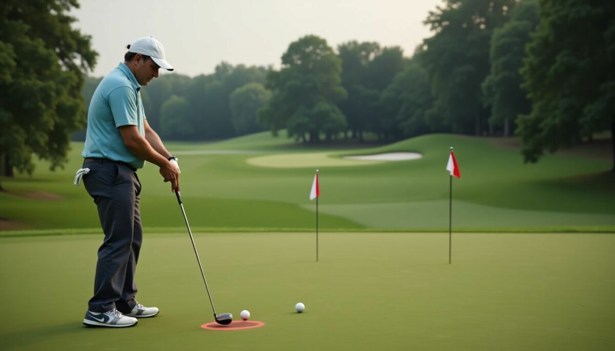 A mid-30s golfer focuses on putting practice with flags around.