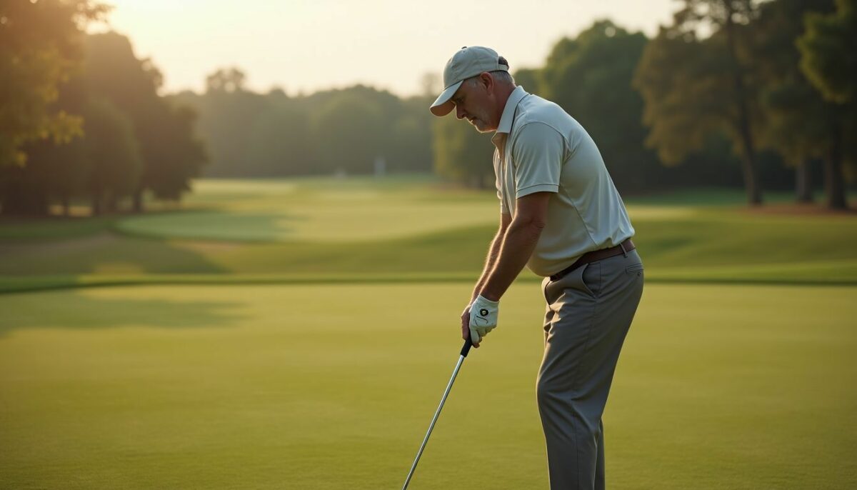 A middle-aged man preparing to golf on a peaceful course.