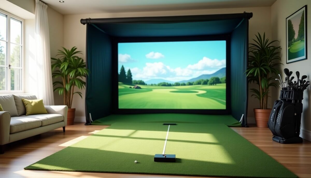 A living room with a golf practice space including putting mat and simulator.