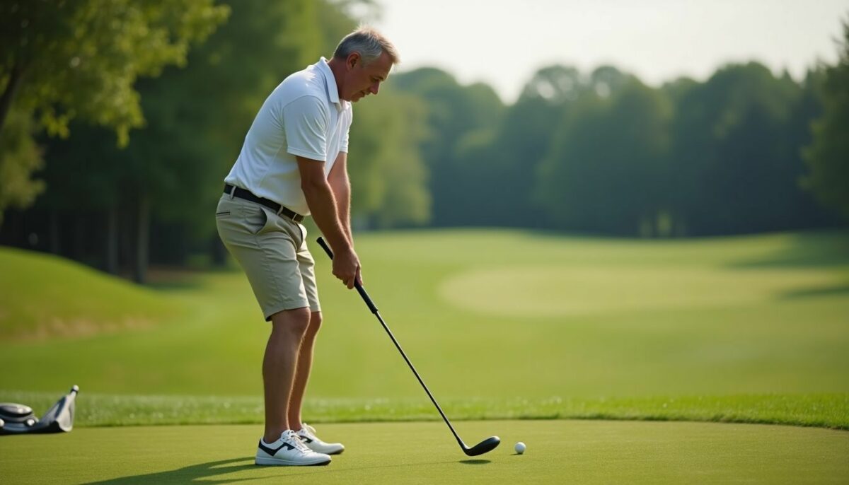A man practices his golf swing at a grassy driving range. A man practices his golf swing at a grassy driving range.