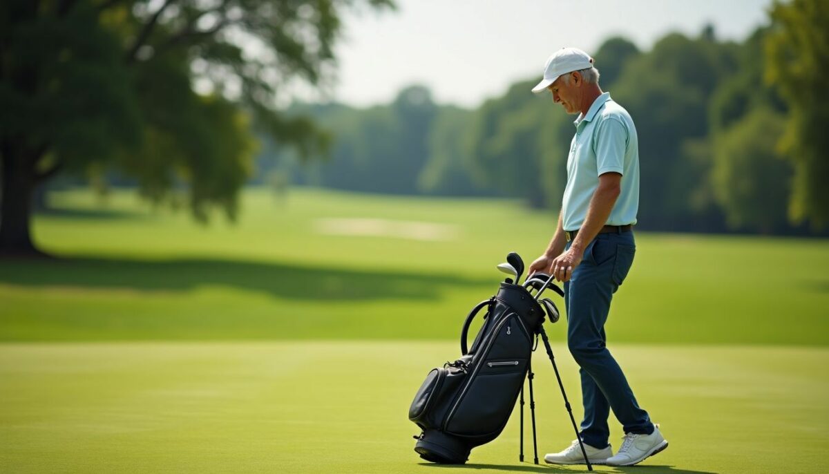 A middle-aged golfer reaching for clubs from a stand bag.