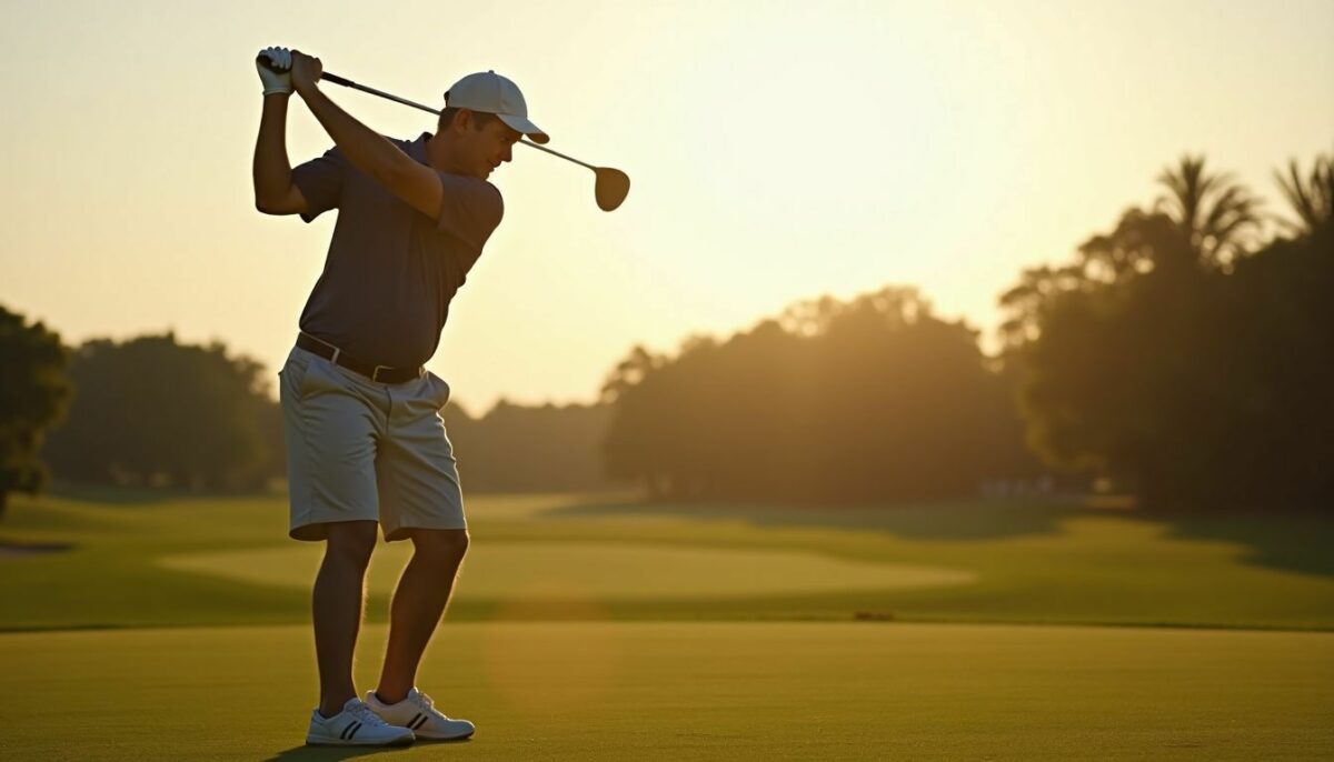 A middle-aged man wearing golf clothes prepares for a swing.