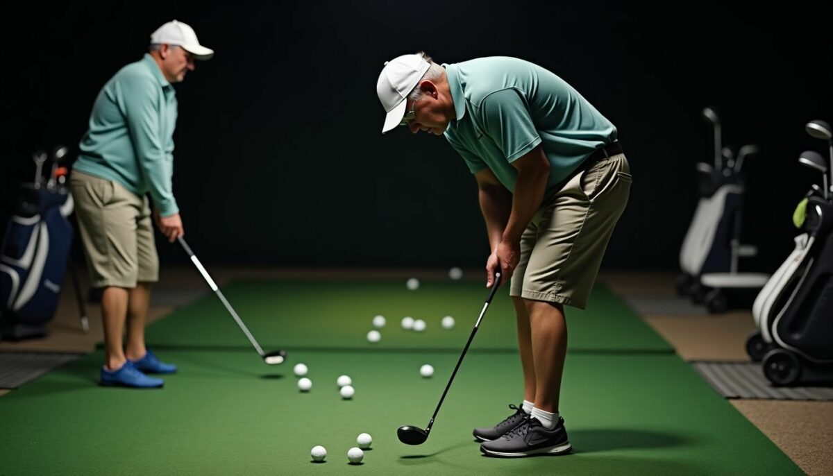 A middle-aged golfer practicing at a driving range with determination.