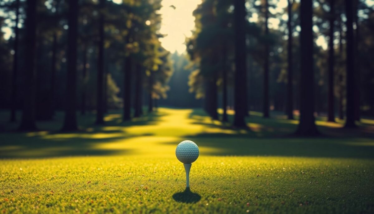 A golf ball on a tee in a green fairway with trees.