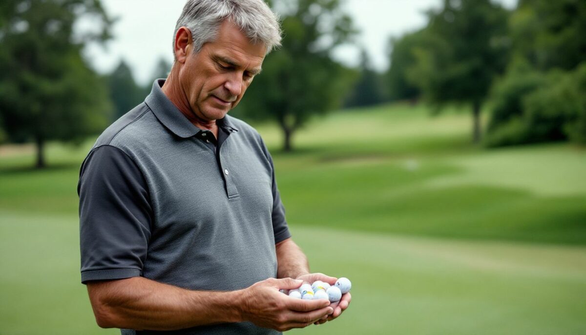 A man in golf attire selects from performance golf balls. A man in golf attire selects from performance golf balls.