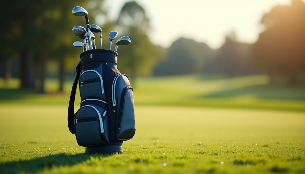 The well-organized golf bag sits on a grassy tee box. The well-organized golf bag sits on a grassy tee box.