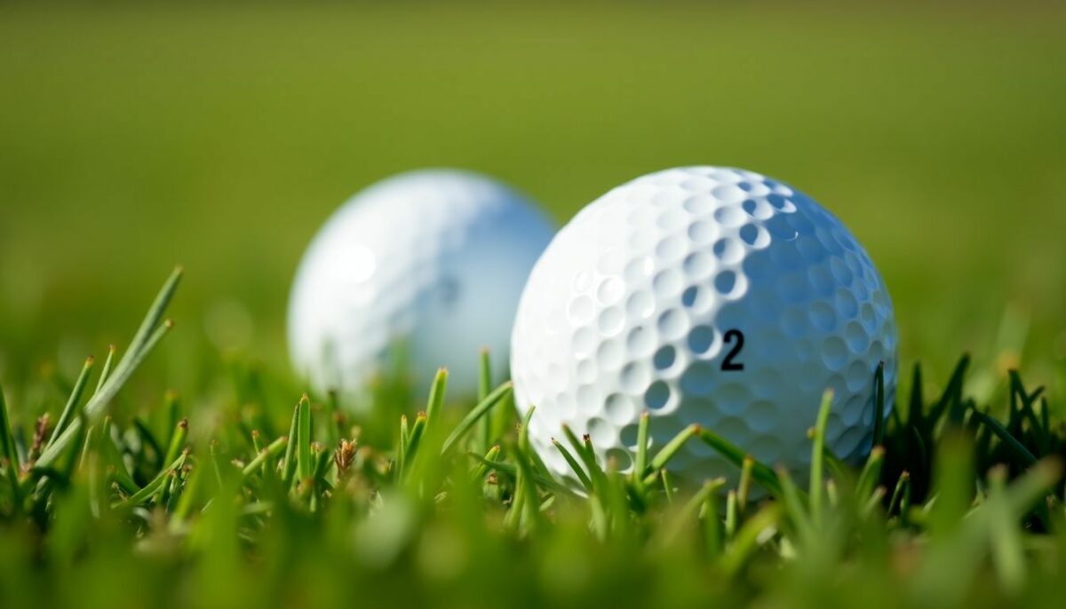 Two-piece golf balls on green grass in bright sunlight.