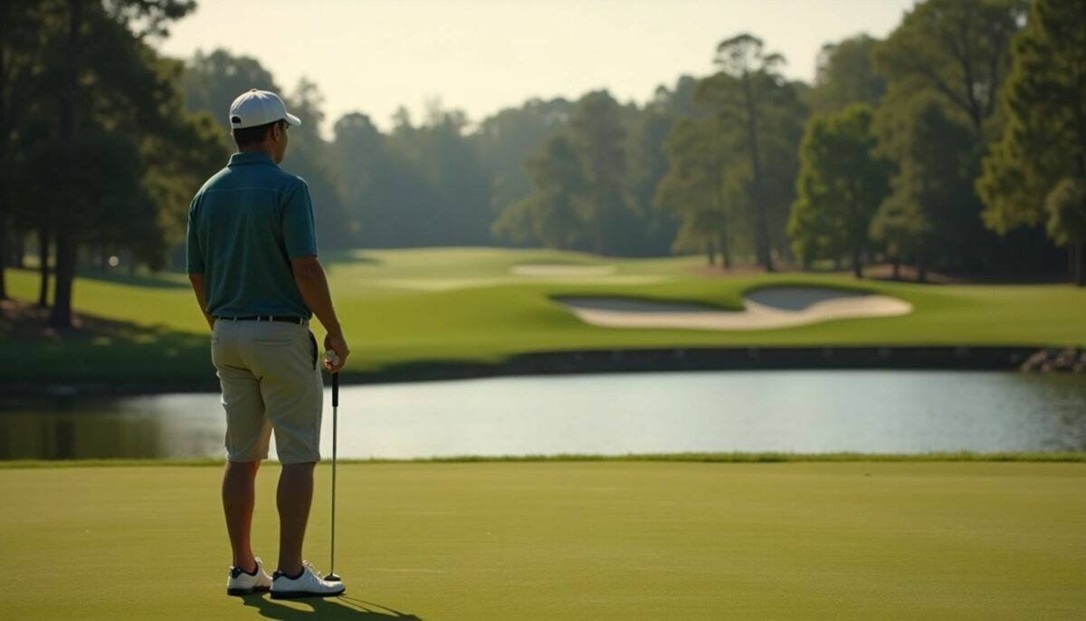 A golfer contemplates a risky shot over water versus a safer route.