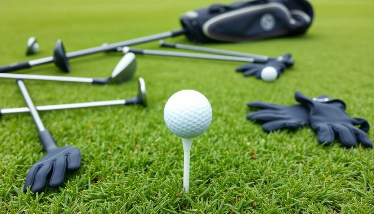 A golf ball on tee with clubs, bag, and gloves at course.