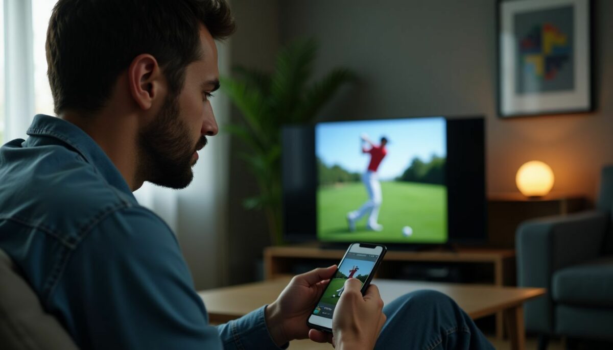 A man in his thirties studies his golf swing on a smartphone app.