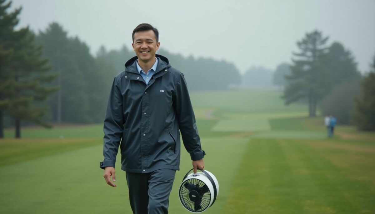 A golfer walking on a damp, windy course in rain gear.