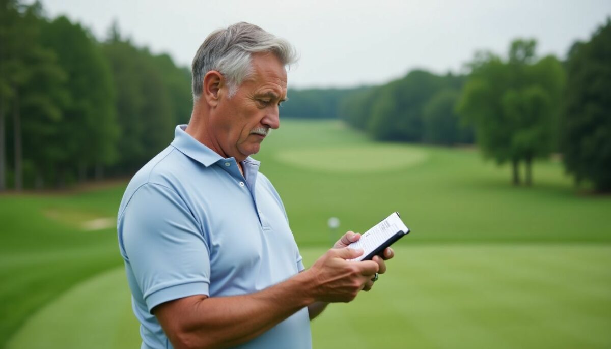 An elderly man studies a yardage book on a golf course.