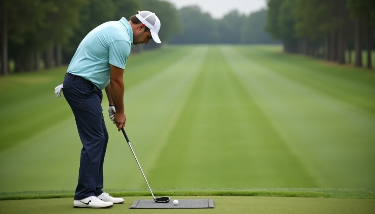 A golfer practicing with a Divot Board at a grassy range.