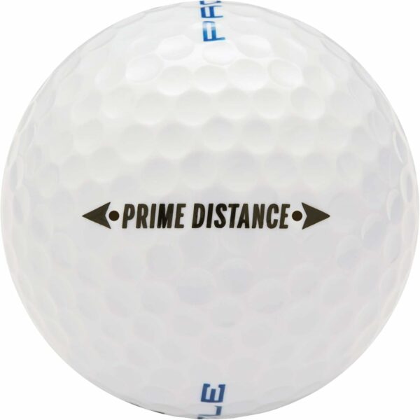 Close-up image of a white golf ball featuring dimples and the text 'PRIME DISTANCE' printed in black alongside small arrows