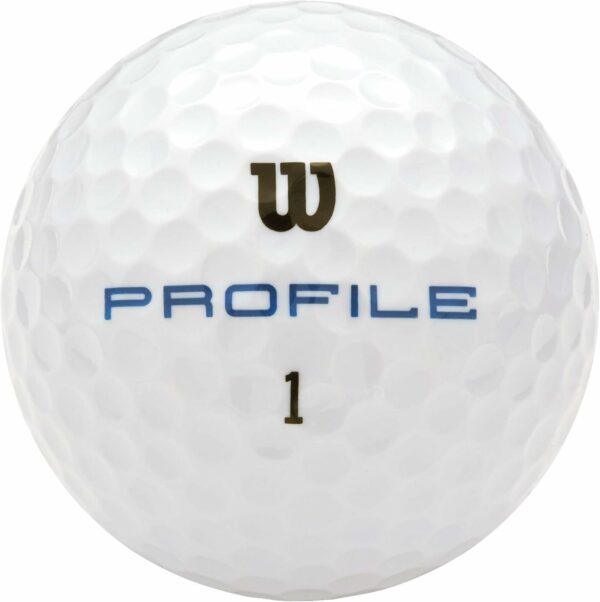 Close-up of a dimpled Wilson Profile golf ball featuring blue 'PROFILE' branding and black number '1'