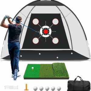 Golf practice setup featuring a hitting net with target, a golfer mid-swing, a golf mat with turf surfaces, and golf accessories