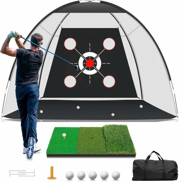 Golf practice setup featuring a hitting net with target, a golfer mid-swing, a golf mat with turf surfaces, and golf accessories