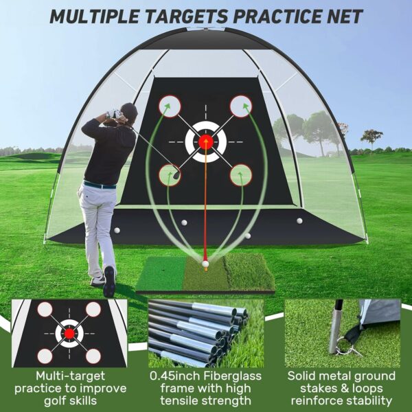 Golf practice setup with a multiple targets net featuring reinforced fiberglass frame and ground stakes, used outdoors on green grass