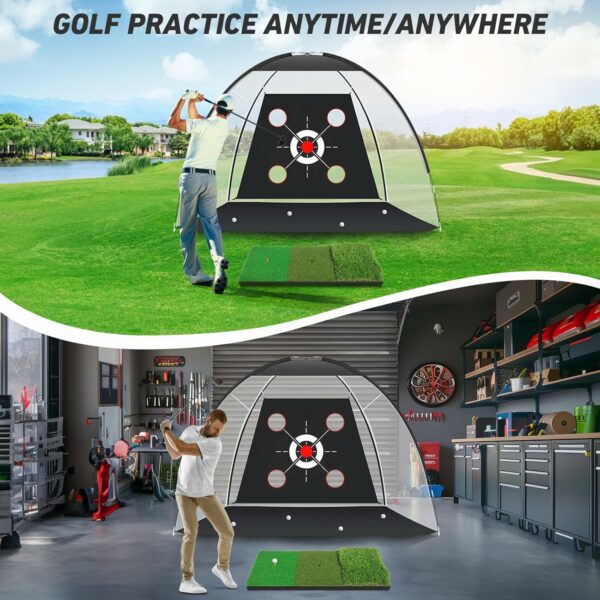 Golf practice setup featuring a portable hitting net with target zones and artificial turf mat, used indoors in a garage and outdoors on a golf course