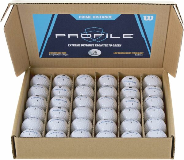 Box of 36 Wilson Profile golf balls featuring Prime Distance, high energy core, and low-compression technology for soft feel and long-distance flight