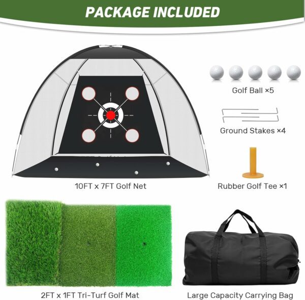 Golf practice set featuring a 10FT x 7FT net, tri-turf mat, golf balls, ground stakes, rubber tee, and carrying bag