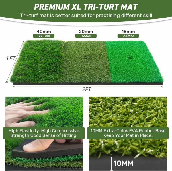 Premium XL golf practice mat featuring three turf types: tee turf, rough, and fairway, with durable EVA rubber base