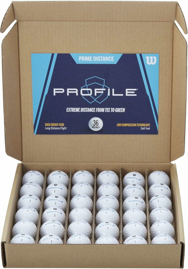 A box of 36 Wilson Profile Prime Distance golf balls with branding emphasizing extreme distance from tee to green, featuring high energy core and low compression technology