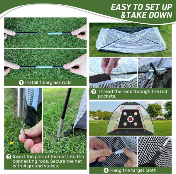 Instructions for assembling a golf practice net with fiberglass rods, threaded pockets, ground stakes, and target cloth for easy outdoor setup.