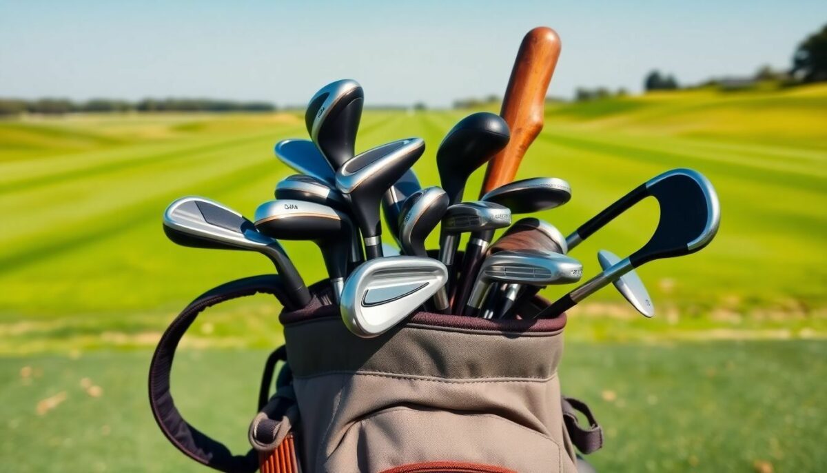 A golf bag filled with various clubs on a driving range.