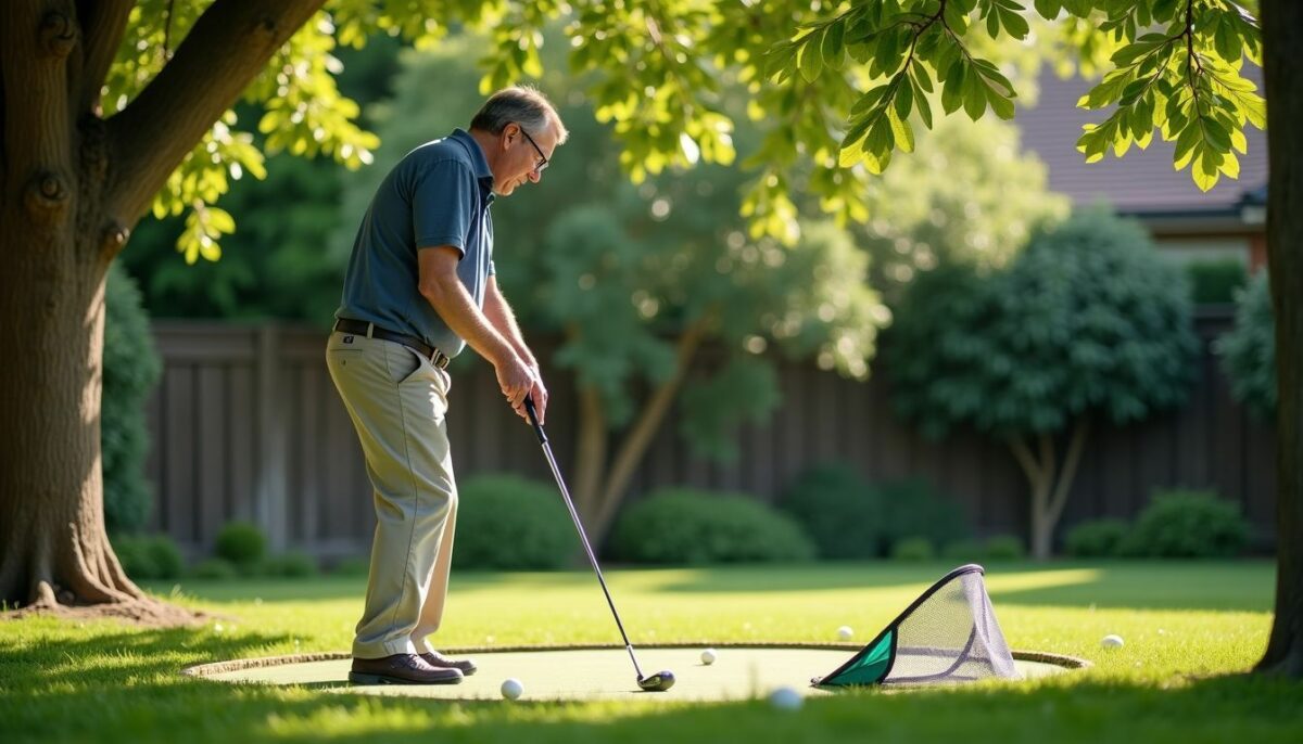 A man practices his golf swing in his backyard garden.