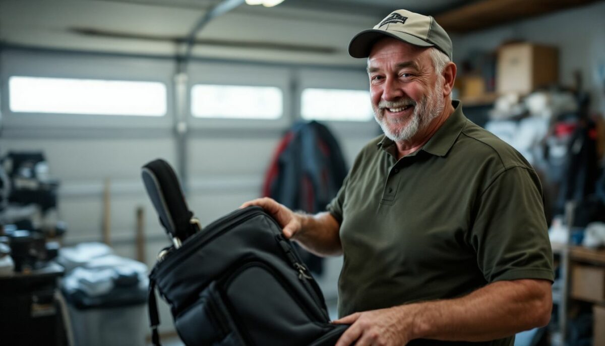 A man unpacking a CaddyDaddy Constrictor 2 Travel Cover in a cluttered garage. A man unpacking a CaddyDaddy Constrictor 2 Travel Cover in a cluttered garage.