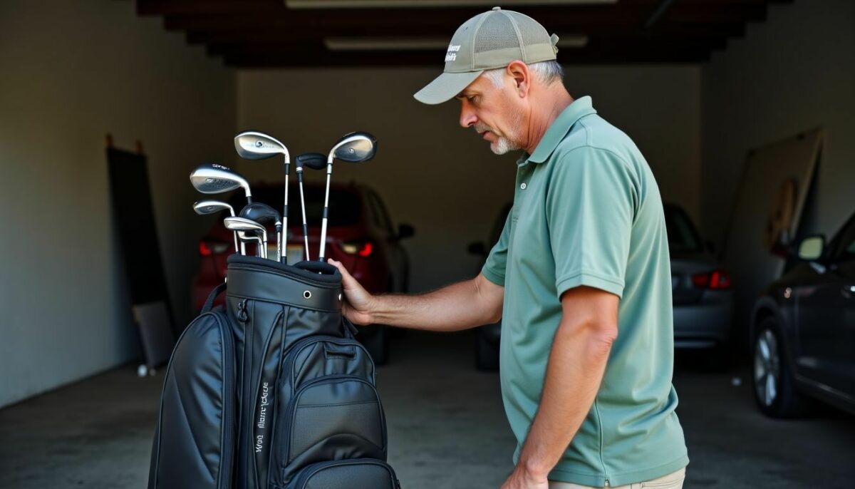 A man in his 40s packing golf clubs into a travel bag. A man in his 40s packing golf clubs into a travel bag.