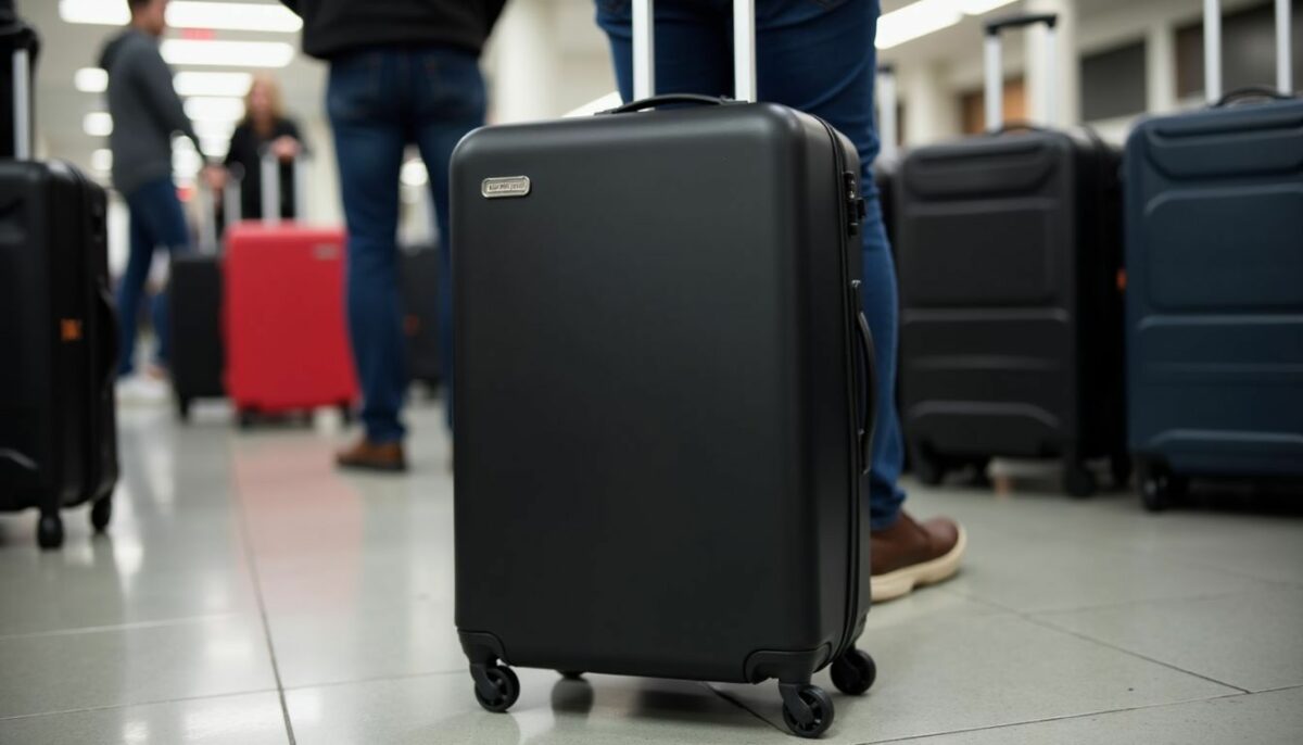 A black TourTrek TC Pro Travel Cover stands out in an airport baggage claim. A black TourTrek TC Pro Travel Cover stands out in an airport baggage claim.