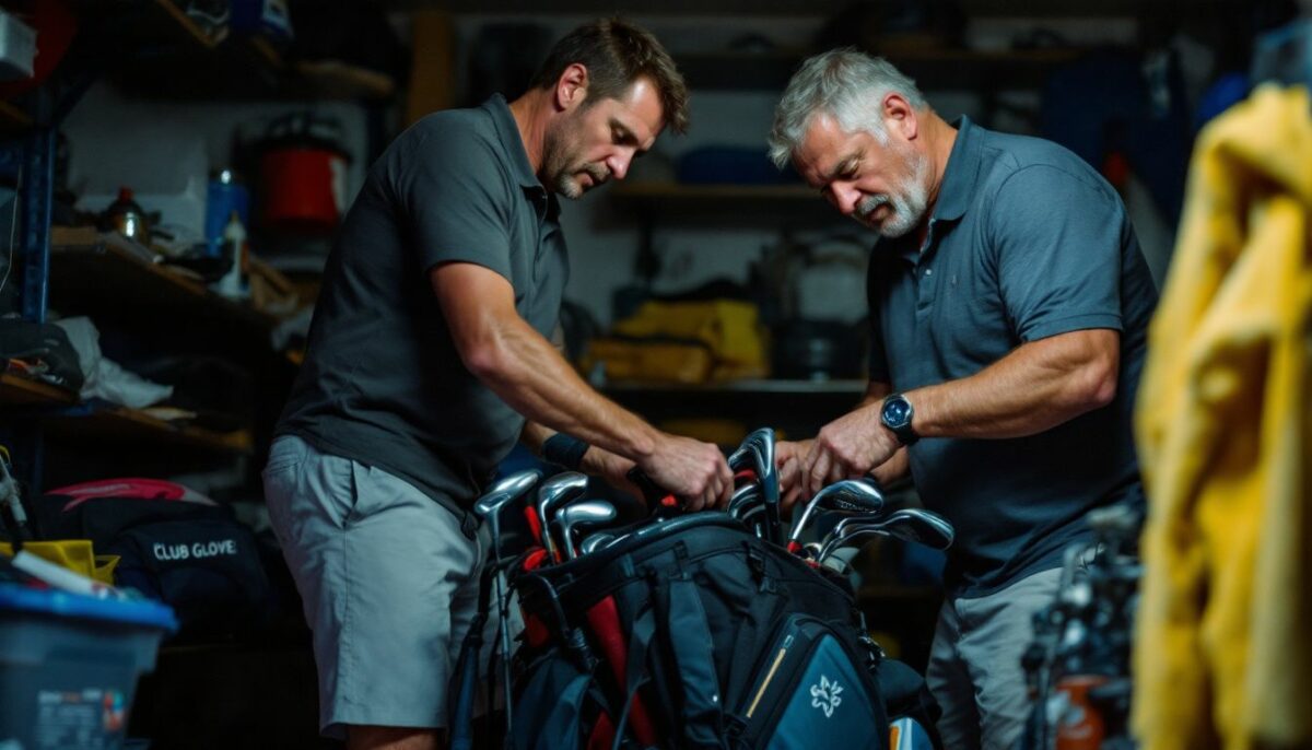 A golfer in their 40s packing golf equipment in a cluttered garage. A golfer in their 40s packing golf equipment in a cluttered garage.