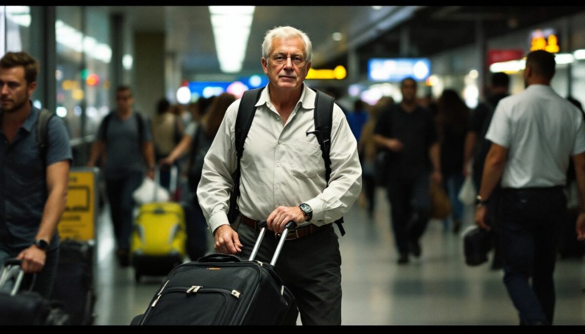 A man casually rolls a Sun Mountain ClubGlider Meridian Travel Cover bag through an airport. A man casually rolls a Sun Mountain ClubGlider Meridian Travel Cover bag through an airport.