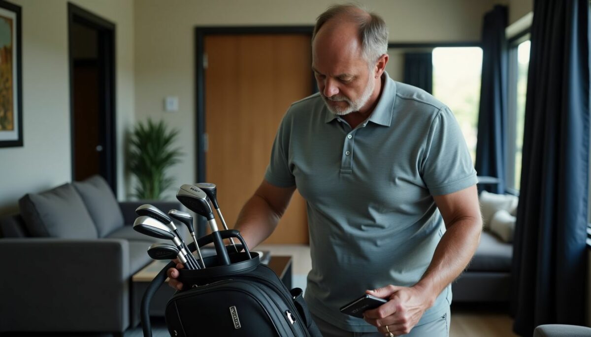 A golfer packing premium clubs into a Tumi Sport Golf Travel Case. A golfer packing premium clubs into a Tumi Sport Golf Travel Case.