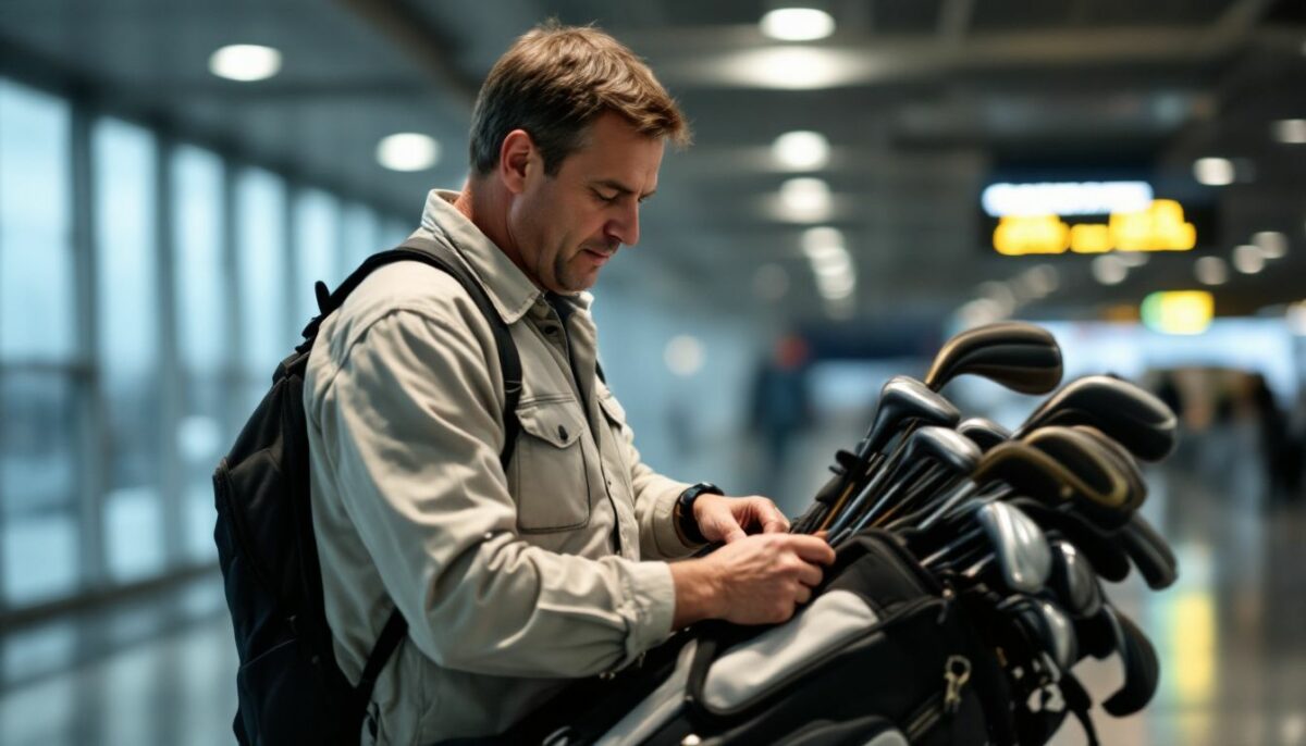 A man unpacks his golf clubs from a travel bag at the airport.