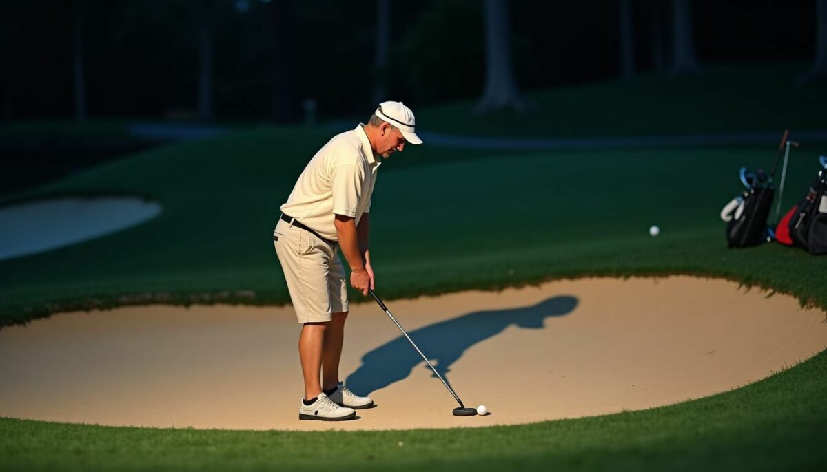 A golfer prepares to take a shot from a sand trap.