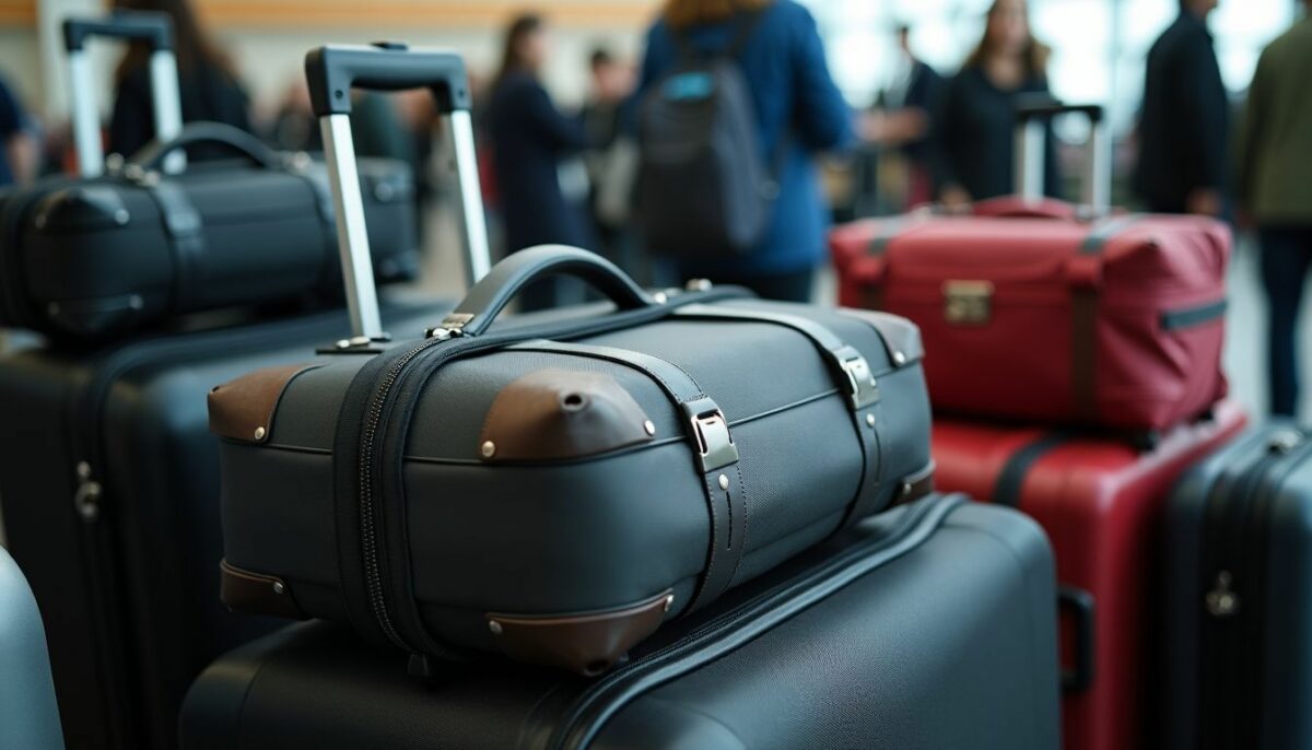 A worn Club Glove travel cover sits among stacked suitcases at the airport luggage claim. A worn Club Glove travel cover sits among stacked suitcases at the airport luggage claim.