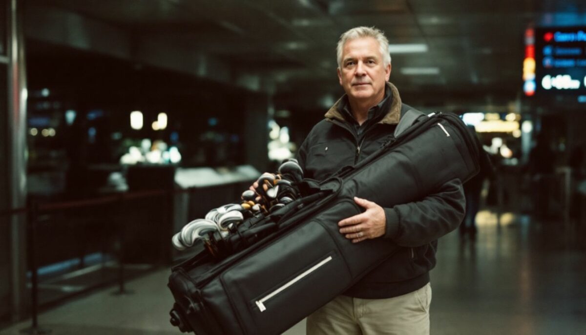 A person in their 40s confidently carries an oversized golf club travel cover in an airport terminal. A person in their 40s confidently carries an oversized golf club travel cover in an airport terminal.
