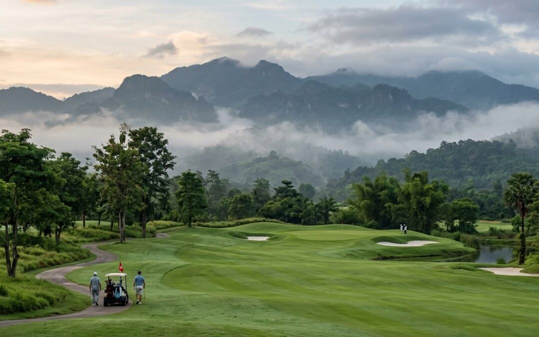 Golf course with mountain backdrop in Chiang Mai, Thailand