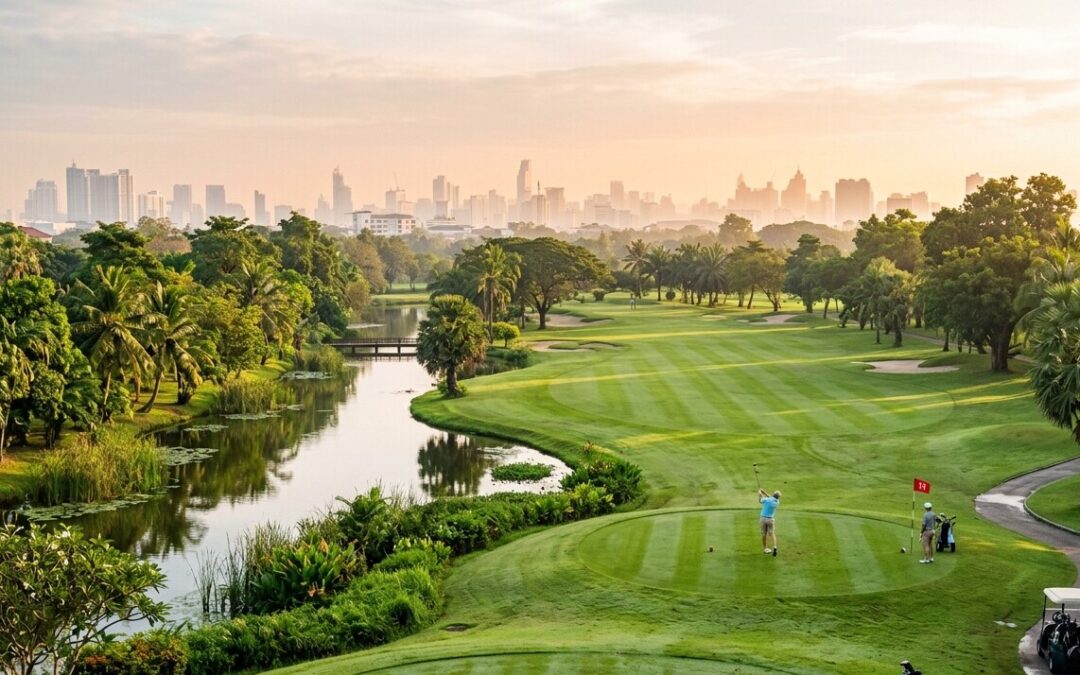 Parkland golf course fairway with water canal in Bangkok, Thailand
