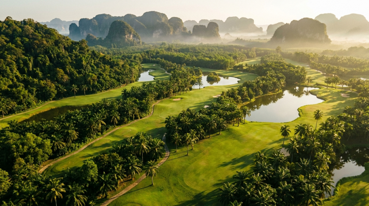 Aerial view of a tropical golf course in Thailand at golden hour